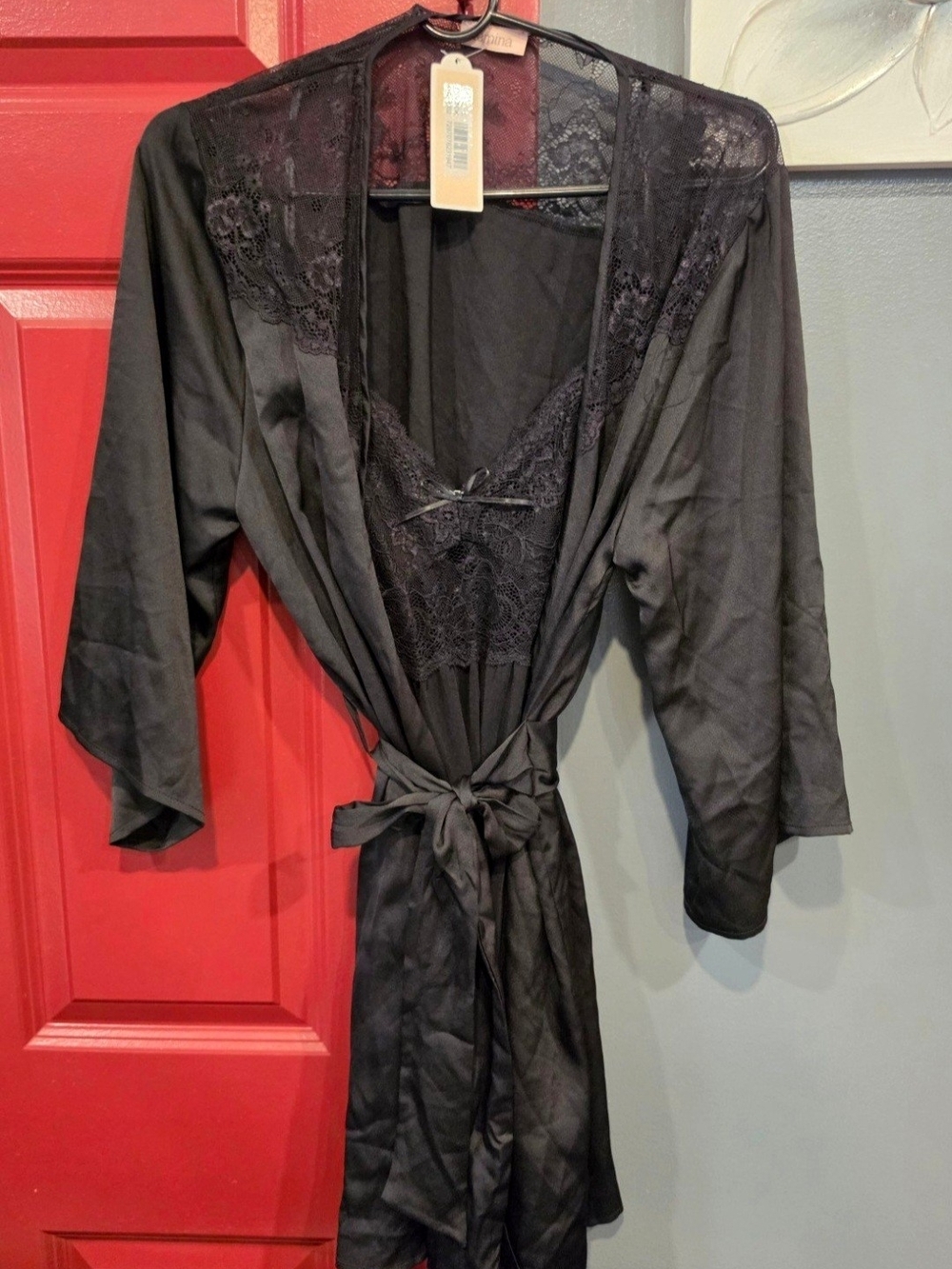 New black 2-peace lingerie set  babydoll flirty chemise and matching robe, Large